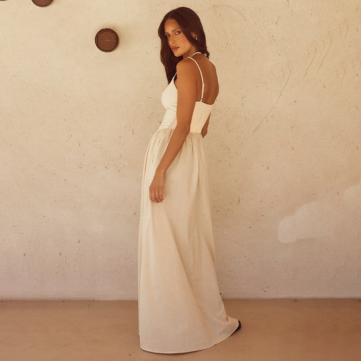 Damen Maxi-Kleid mit elegantem V-Ausschnitt und fließendem Rock Drune
