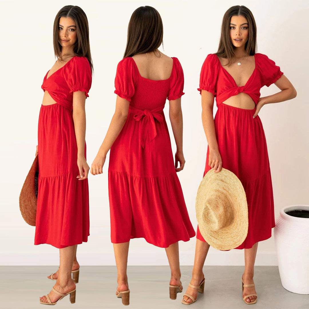 Damen Midi-Kleid mit verspielten Cut-Outs und Bindedetails Drune