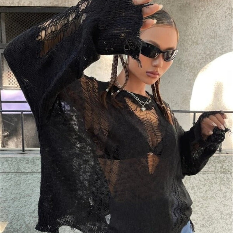 Damen Oversized Strickpullover mit modischen Cut-Outs Drune
