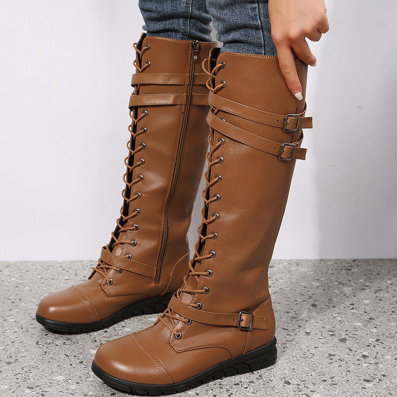 Damen nan kniehohe Military‑inspirierte Schnürstiefel mit seitlichem Reißverschluss verstellbaren Ziergurten und stoßdämpfender Profilsohle Drune