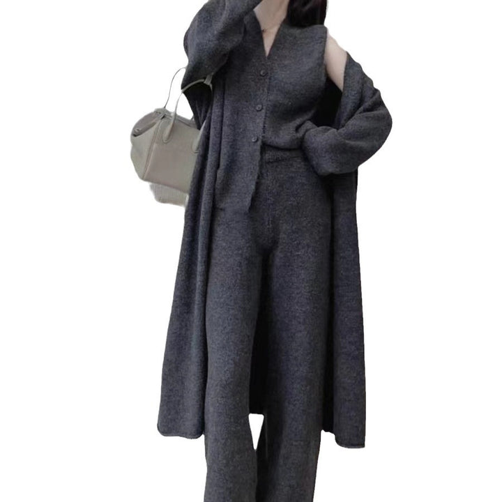 Damen elegantes Strickensemble mit Longcardigan und weiten Hosen Drune