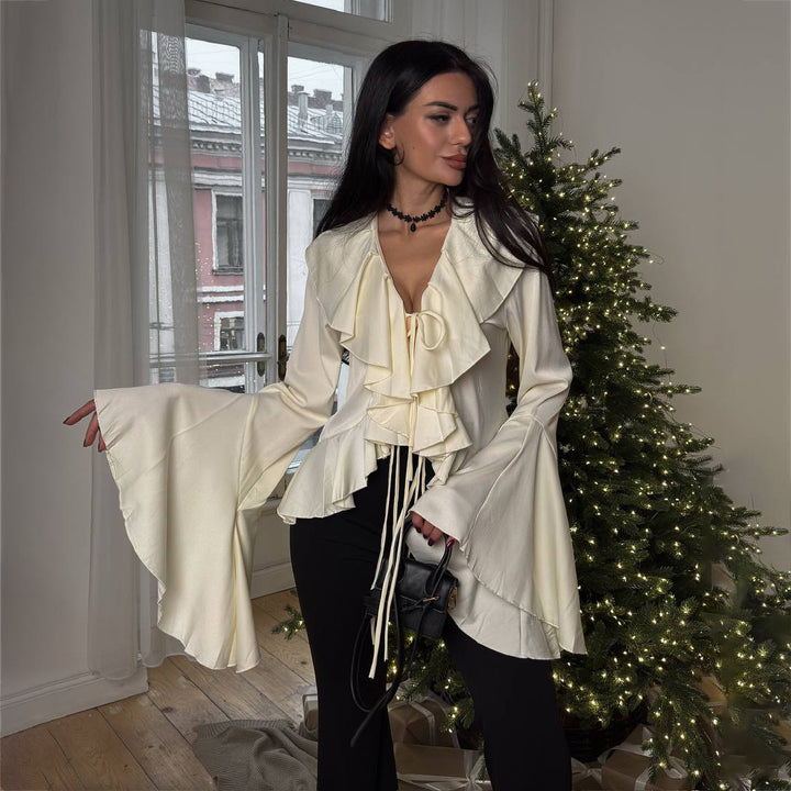 Damen Bluse mit voluminösen Rüschendetails und weitem Ärmel Drune