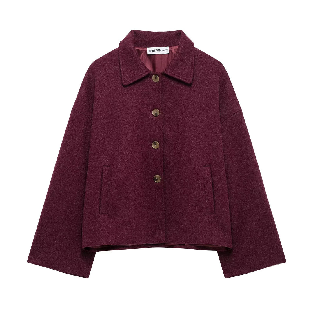 Damen nan kurze kastige Wolljacke mit Hemdkragen, durchgehender Knopfleiste und eingesetzten Eingrifftaschen Drune