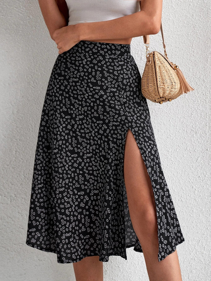 Damen Midi-Rock mit asymmetrischem Schlitz und floralem Muster Drune