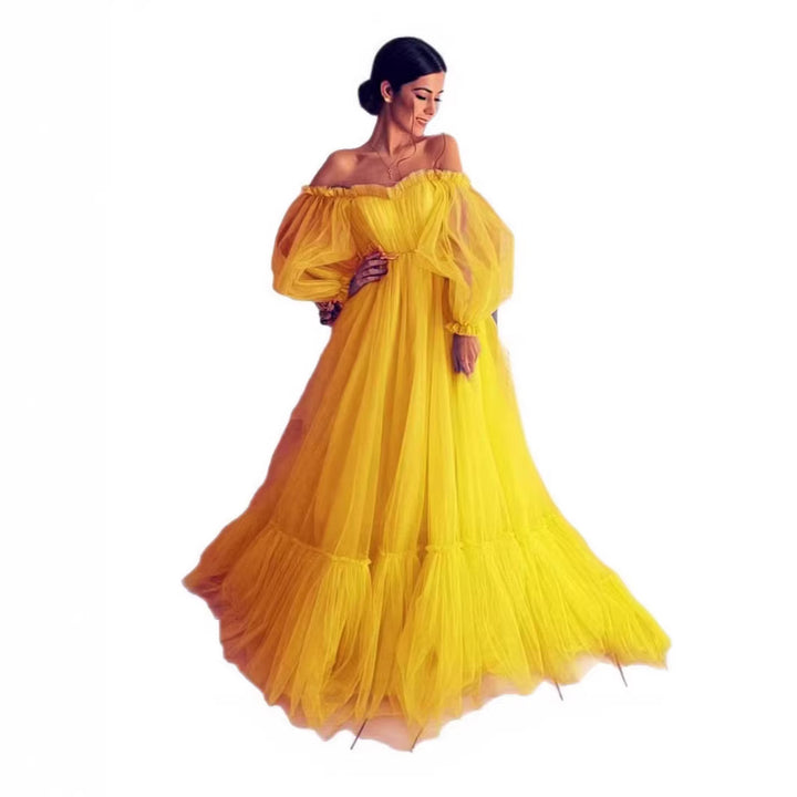 Damen Tüll Abendkleid mit schulterfreiem Design und voluminösen Ärmeln Drune