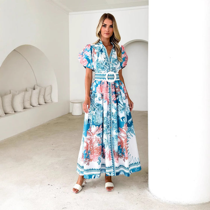 Damen Maxikleid mit hohem Kragen und eleganten Puffärmeln Drune
