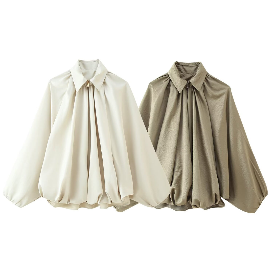 Damen elegante Bluse mit modernen Falten und voluminösen Ärmeln Drune