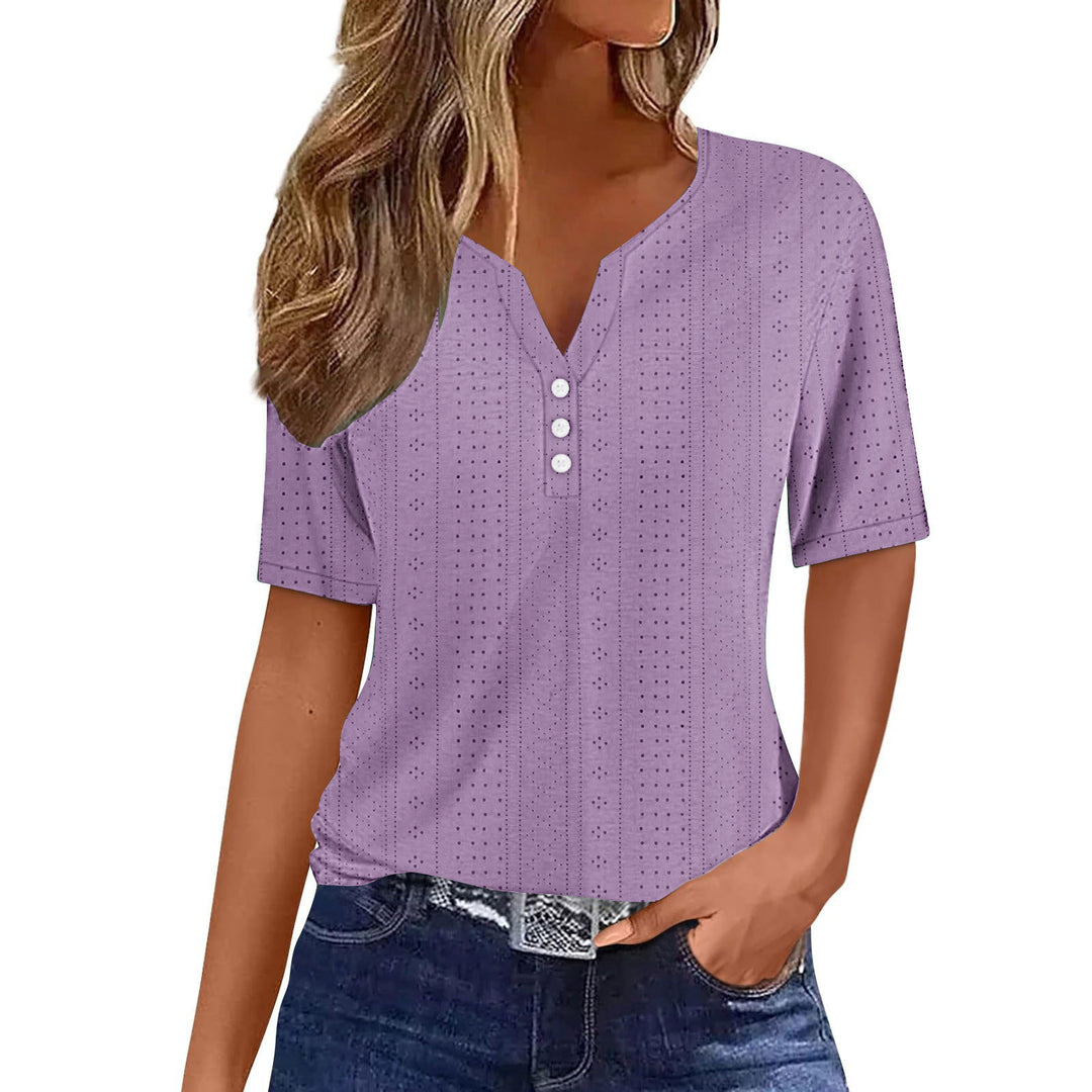 Damen kurzärmeliges T-Shirt mit Knopfdetails und eingewebtem Muster Drune