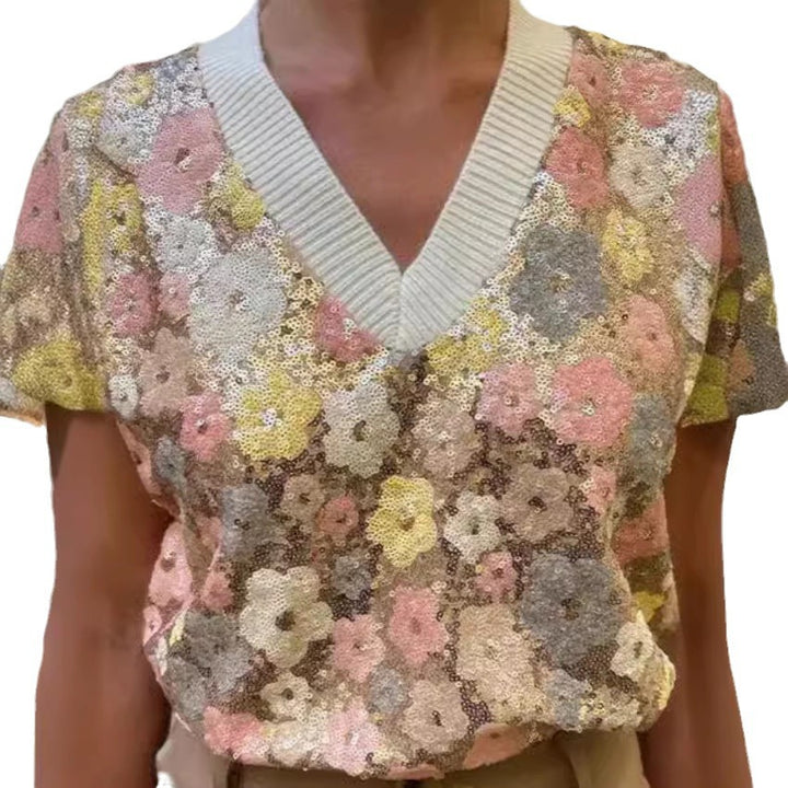 Damen Glamouröses Strickoberteil mit Blumenapplikationen und funkelnden Pailletten Drune