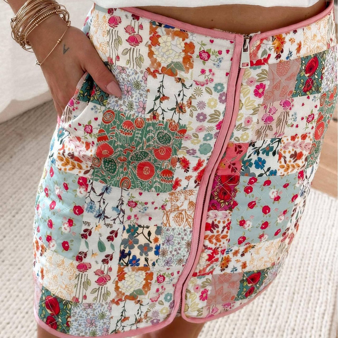 Damen Patchwork Rock mit Reißverschluss und seitlichen Taschen Drune