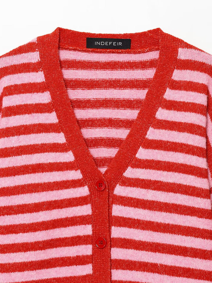 Damen modische gestreifte Strickjacke mit V-Ausschnitt und Knopfleiste Drune