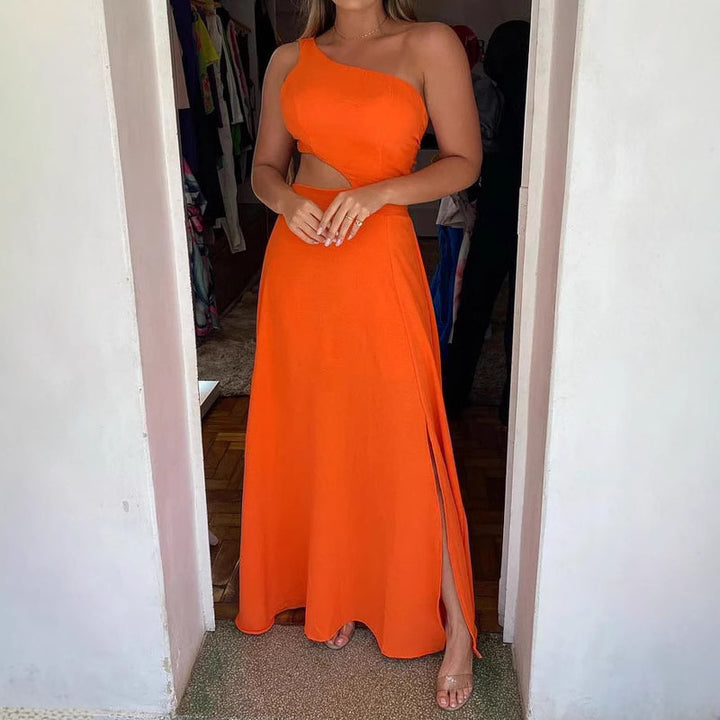 Damen Elegantes Maxikleid mit asymmetrischem Ausschnitt und Seitenschlitzen Drune