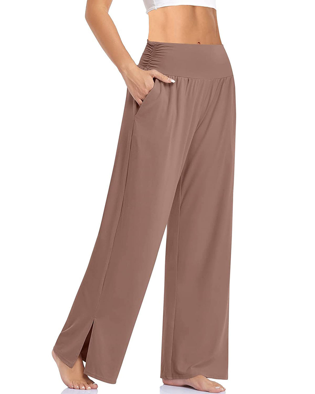 Damen nan weite Yogahose mit hohem Komfortbund, seitlichen Eingrifftaschen und seitlichem Bein-Schlitz Drune
