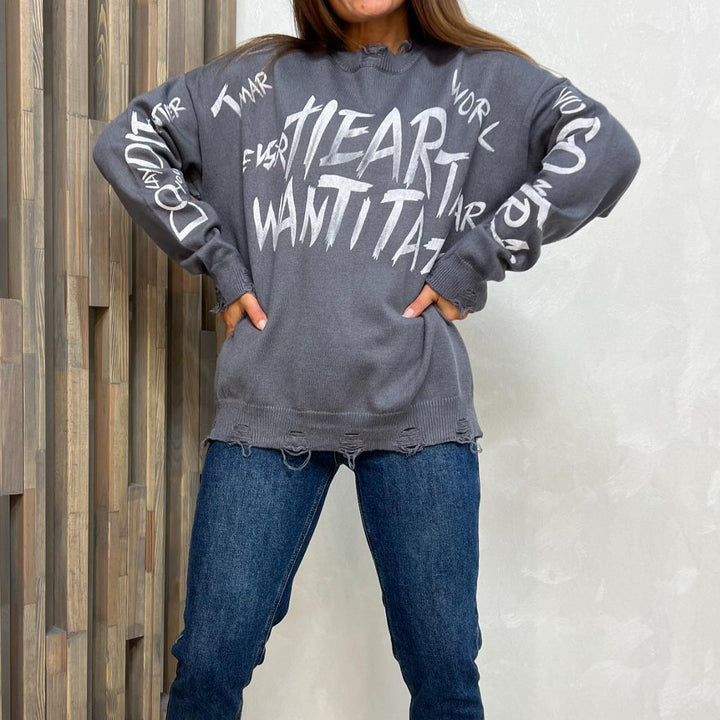 Damen Oversized Sweatshirt mit kreativem Schriftzug und modischen Rissdetails Drune