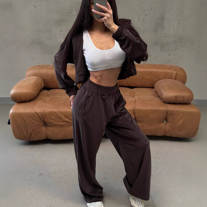 Damen Sportliches Velours-Joggingensemble mit kurzen Ärmeln und weit geschnittenen Beinen Drune