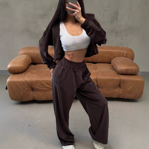 Damen Sportliches Velours-Joggingensemble mit kurzen Ärmeln und weit geschnittenen Beinen Drune