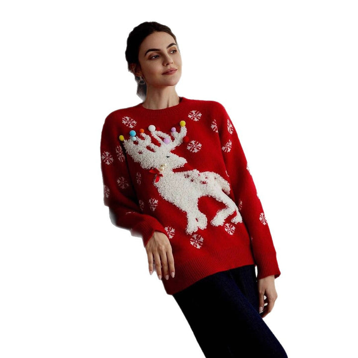 Damen Kuscheliger Weihnachtspullover mit 3D-Rentiermotiv und buntem Dekor Drune