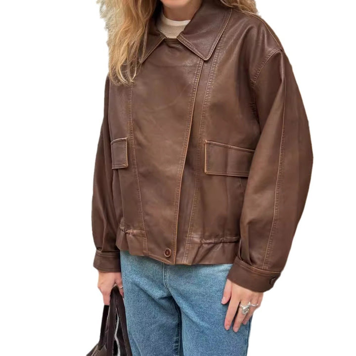 Damen modische Lederjacke mit oversized Schnitt und praktischen Taschen Drune