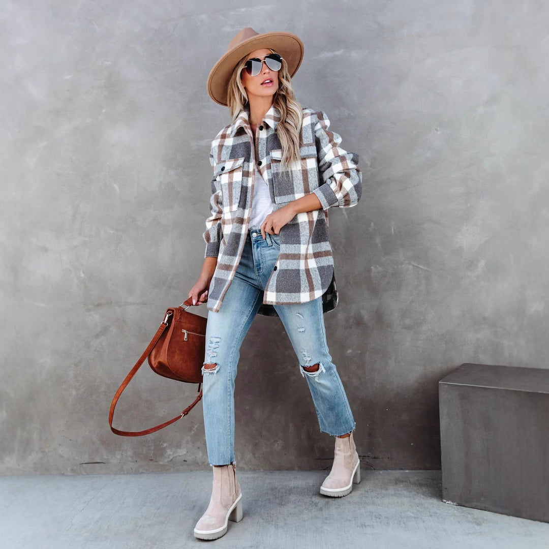 Damen Karierte Overshirtjacke mit lässigem Schnitt und Taschen Drune