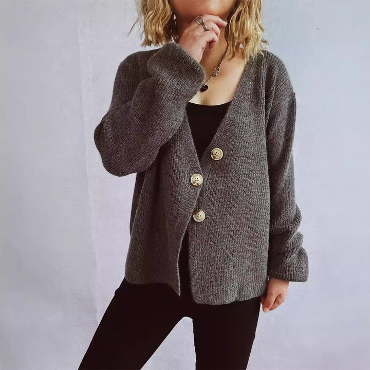 Damen gemütliche Strickjacke mit großen Knöpfen und strukturiertem Design Drune