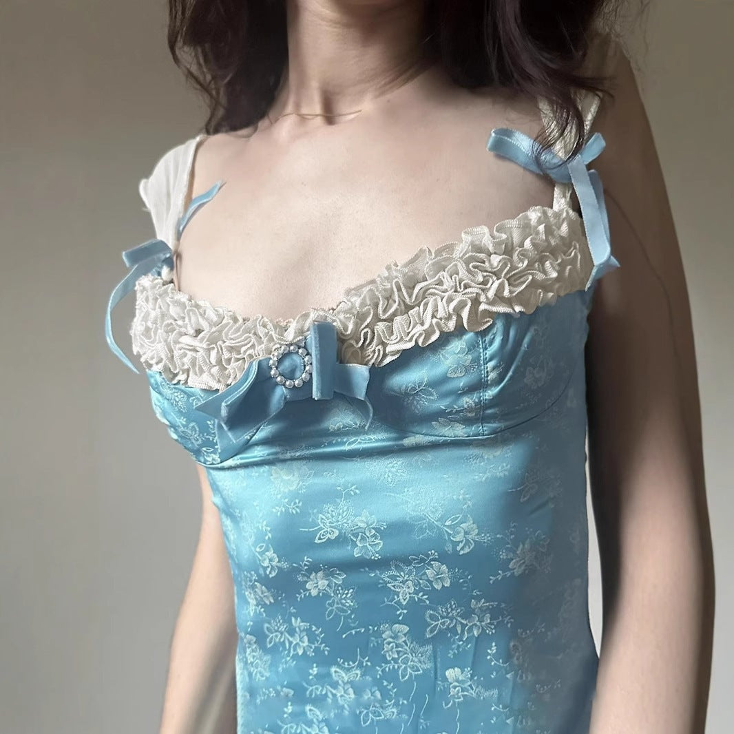 Damen Spaghetti-Trägertop mit floralen Akzenten und Rüschendetails Drune