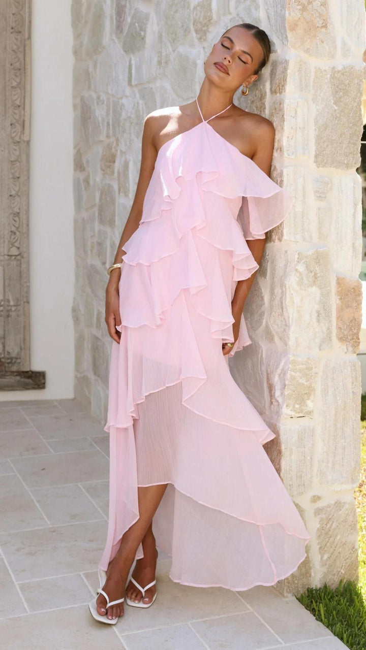 Damen Maxikleid mit elegantem Überwurf und floralen Rüschen Drune