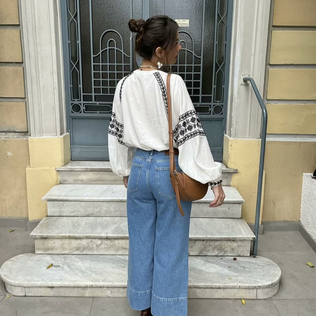 Damen bestickte Bluse mit modernen Puffärmeln und elegantem Stehkragen Drune
