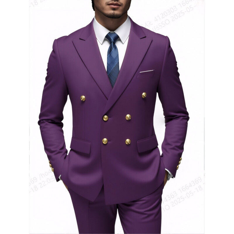 Herren nan doppelreihiger Slim-Fit Anzug mit goldenen Zierknöpfen und schmaler Businesshose Drune