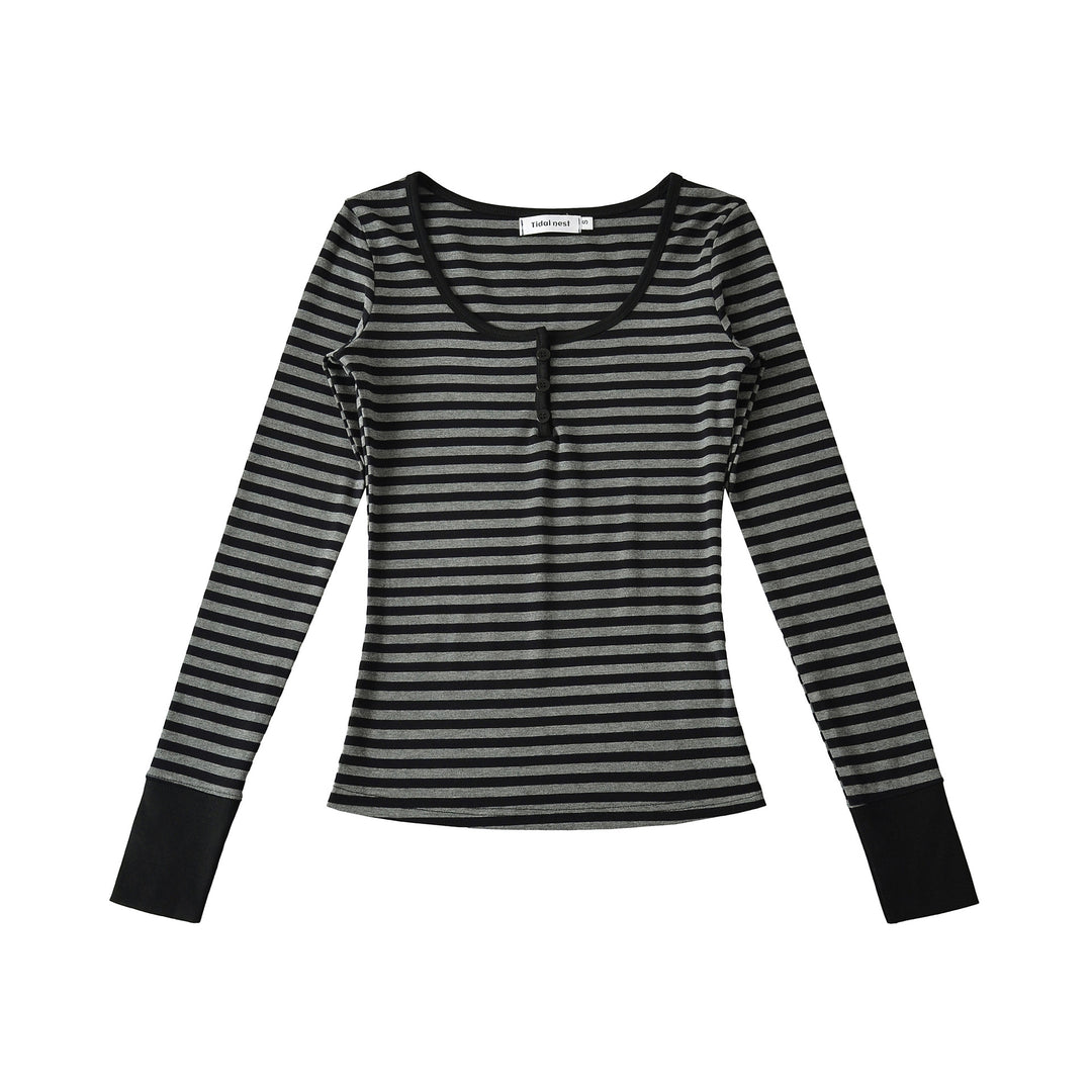 Damen Langarmshirt mit modischem Streifenmuster und Knopfdetails Drune