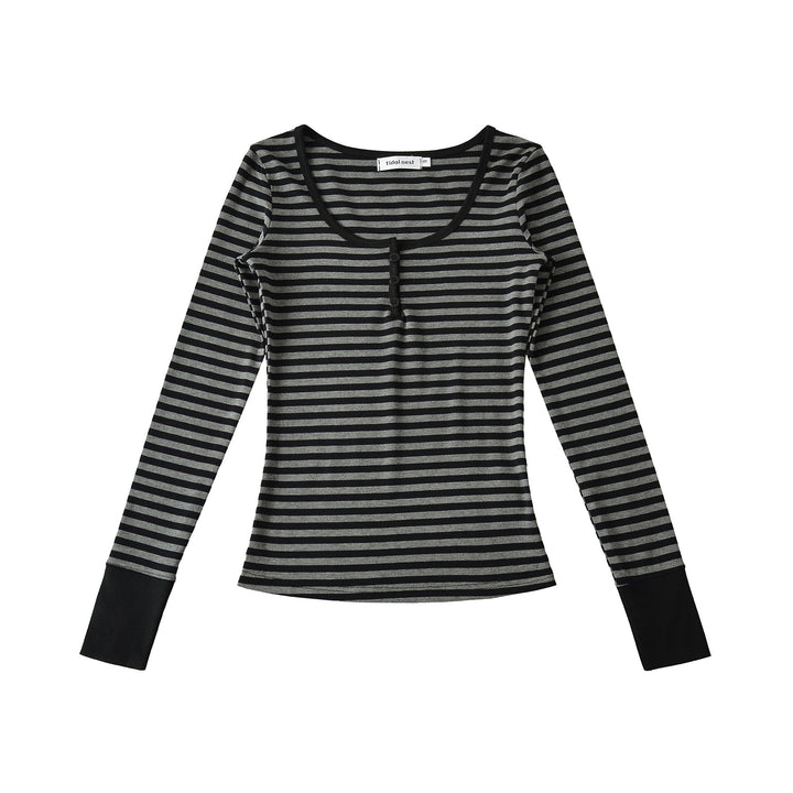 Damen Langarmshirt mit modischem Streifenmuster und Knopfdetails Drune
