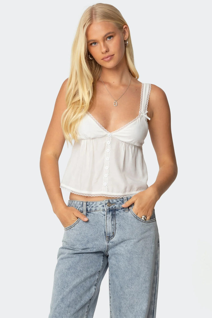 Damen Crop-Top aus feiner Baumwolle mit dekorativen Knopfdetails Drune