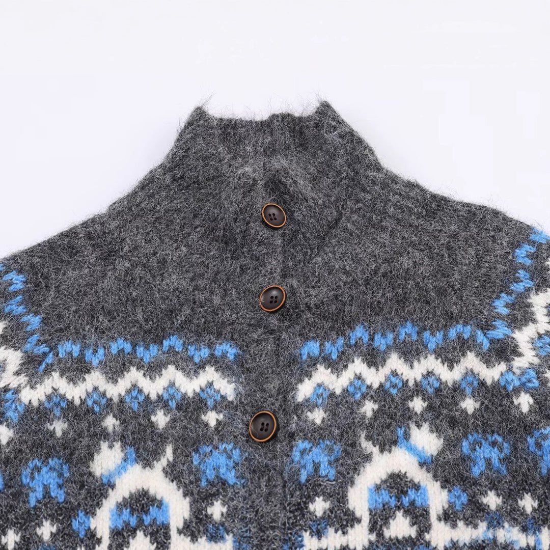 Damen Strickjacke mit Norwegermuster und hohem Kragen Drune