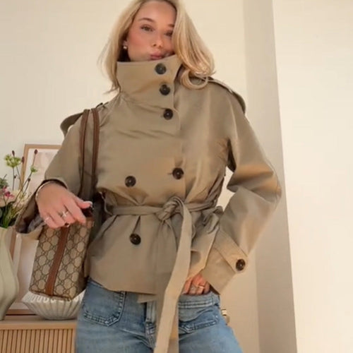 Damen Modische Trenchjacke mit tailliertem Schnitt und praktischen Taschen Drune