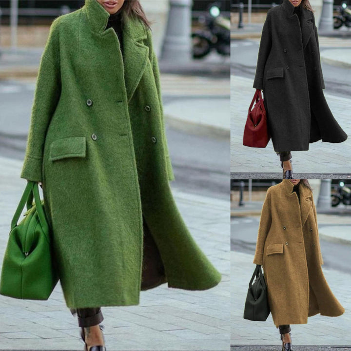 Damen nan Cape-ähnlicher doppelreihiger Wollmantel mit weitem Fall, hohem Stehkragen und Pattentaschen Drune