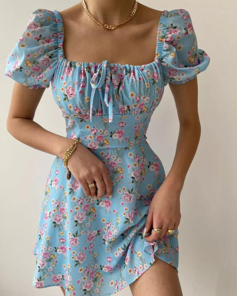 Damen Blütenmuster Mini-Kleid mit Puffärmeln Drune