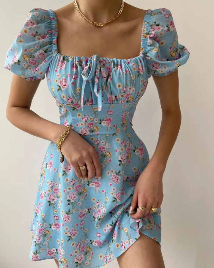 Damen Blütenmuster Mini-Kleid mit Puffärmeln Drune