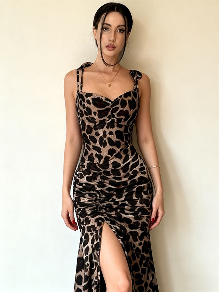 Damen Elegantes Maxikleid mit Leopardenmuster und seitlichem Schlitz Drune