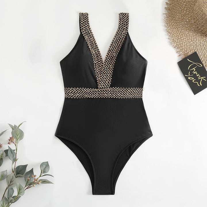 Damen Eleganter V-Ausschnitt Badeanzug mit Spitzenbesatz Drune