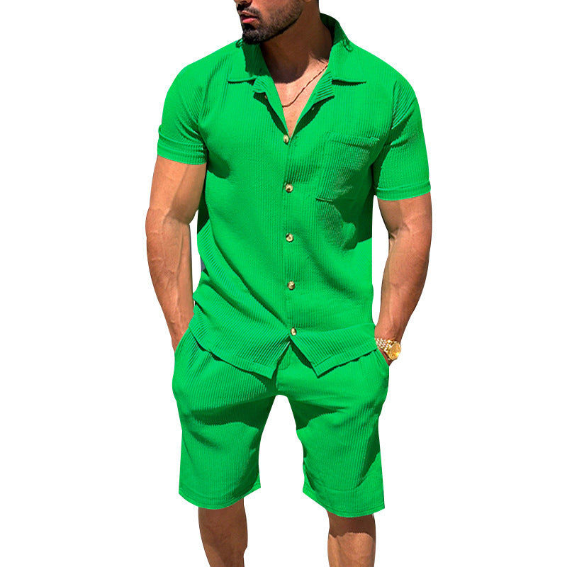 Herren nan lässiges zweiteiliges Freizeitset aus geripptem Jersey mit Hemdkragen Knopfleiste und Shorts Drune