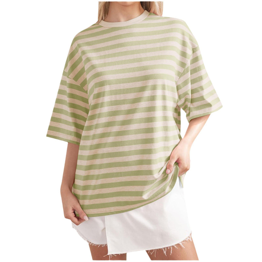 Damen Oversized gestreiftes T-Shirt mit Rundhalsausschnitt und kurzen Ärmeln Drune