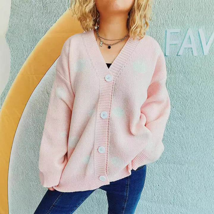 Damen lässige Strickjacke mit modernen Punkten und voluminösen Ärmeln Drune