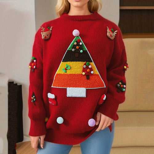 Damen Weihnachts-Pullover mit festlichem 3D-Motiv und dekorativen Applikationen Drune
