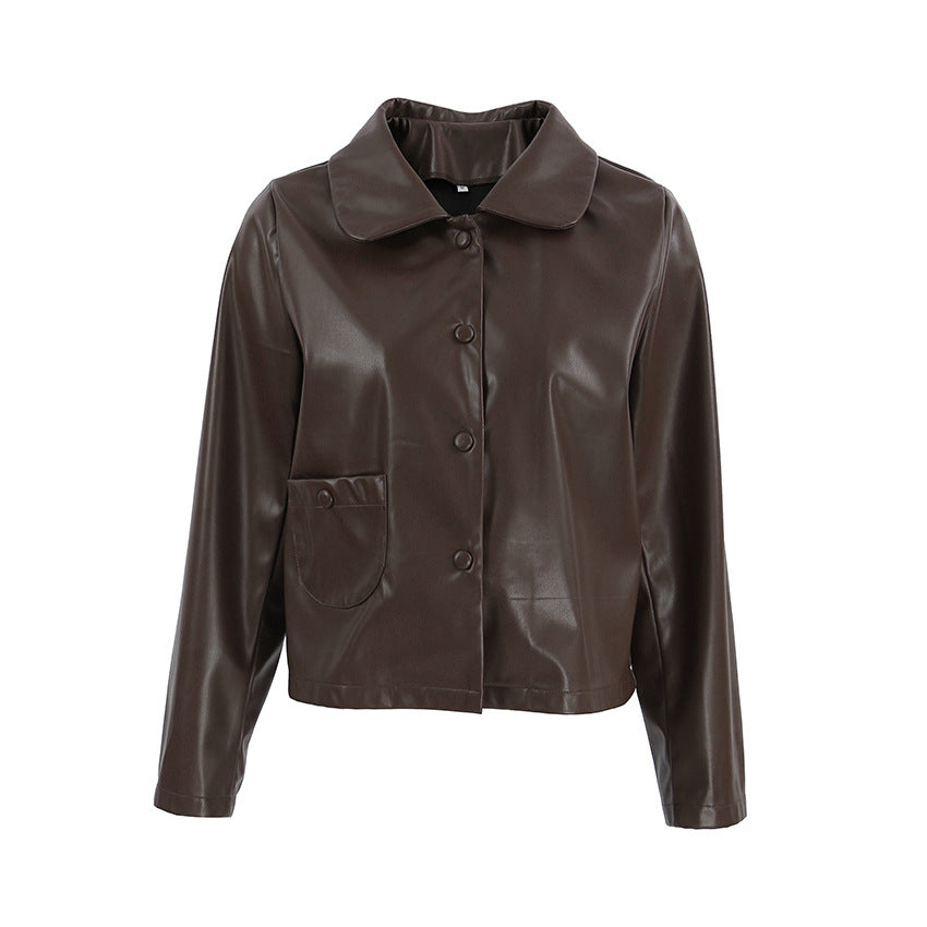 Damen Modische Kunstlederjacke mit praktischen Taschen und elegantem Kragen Drune