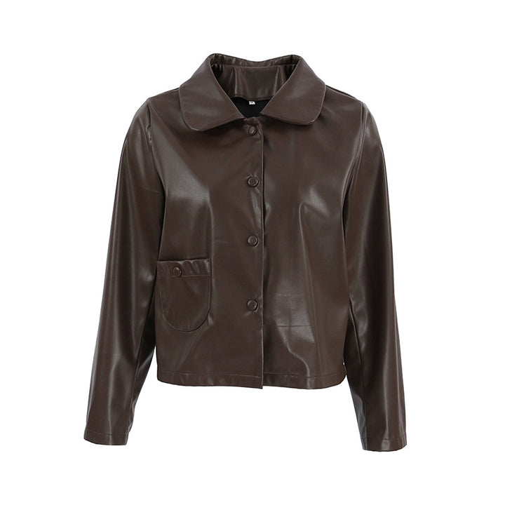 Damen Modische Kunstlederjacke mit praktischen Taschen und elegantem Kragen Drune