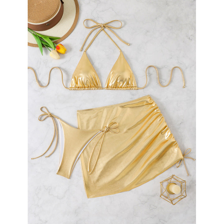 Damen glänzendes Bikini-Set mit verstellbaren Trägern und Wickelrock Drune