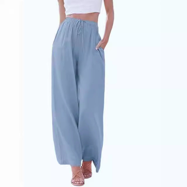 Damen nan weite Leinenhose mit elastischem Bund Kordel und Seitentaschen Drune