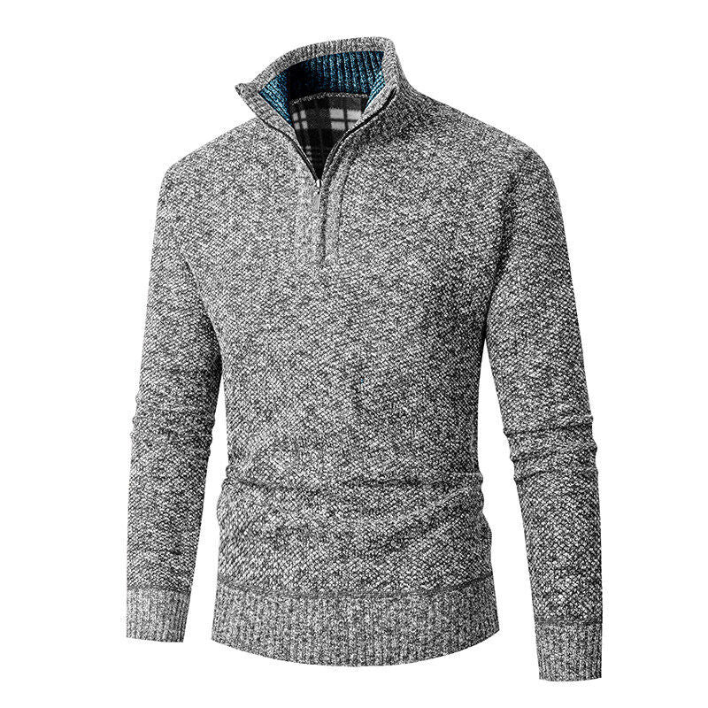 Herren nan grobgestrickter Halfzip-Pullover mit Stehkragen und karierter Krageninnenseite Drune