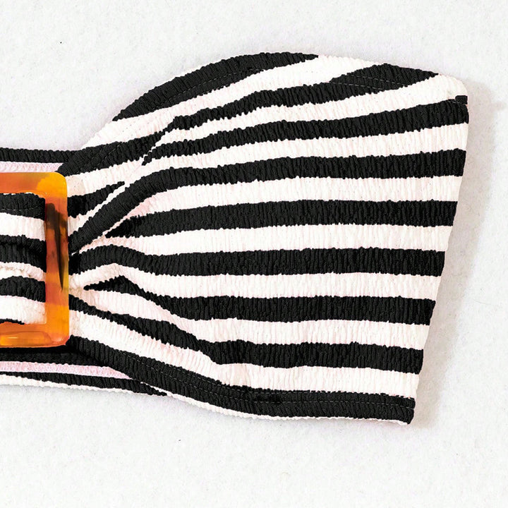 Damen Bandeau-Bikini mit gestreiftem Design und modischer Schnalle Drune