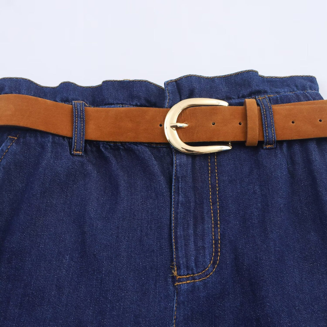 Damen Denim-Shorts mit hochwertigem Ledergürtel und elastischem Bund Drune