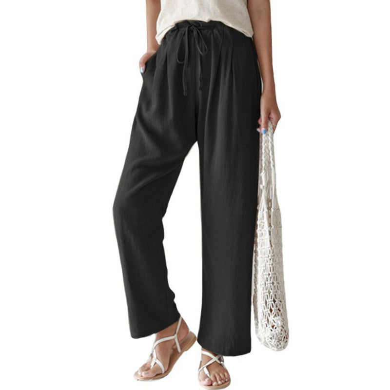 Damen nan lässige Leinenhose mit weitem Bein, elastischem Bund und Seitentaschen Drune